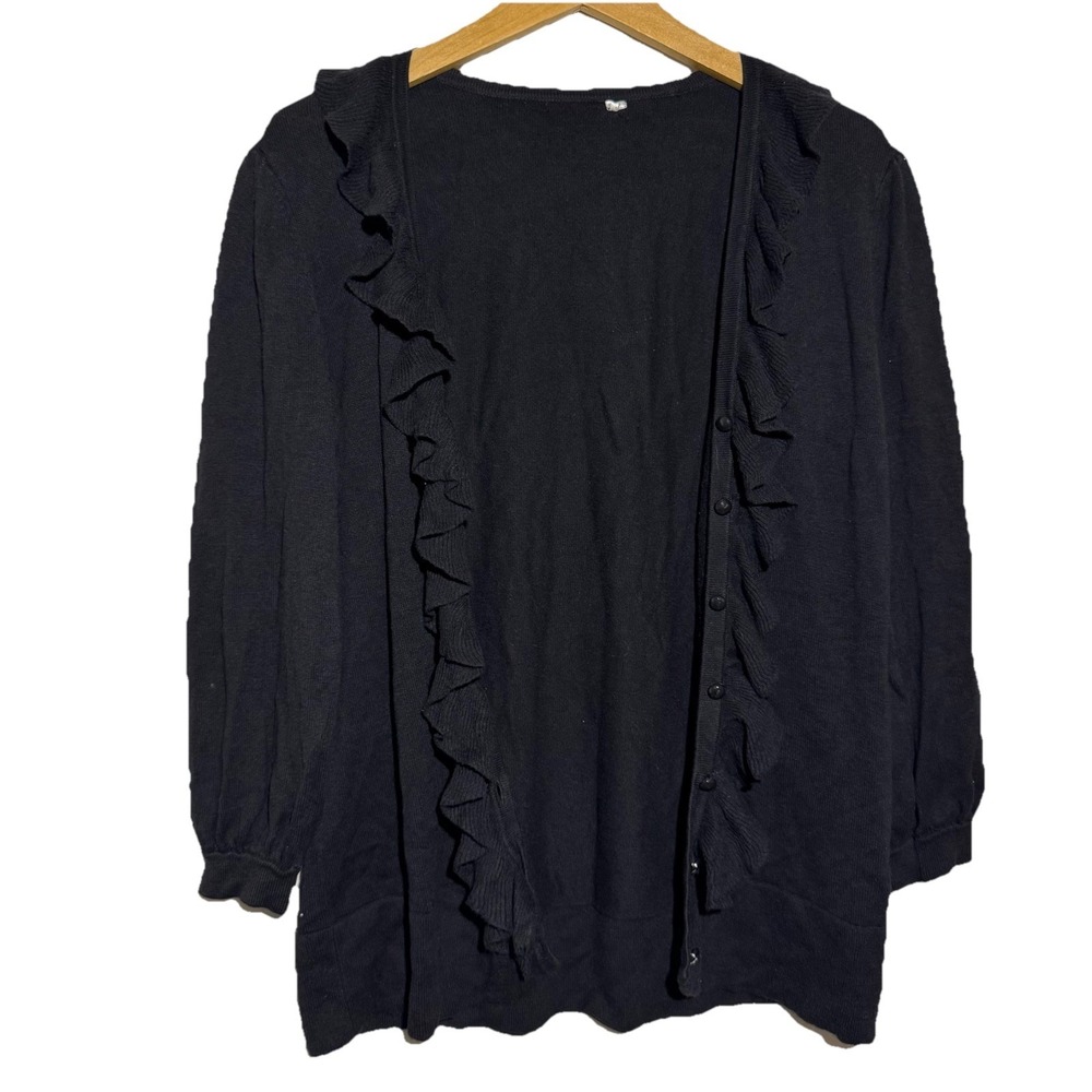 Women's Black Ruffle Knit Cardigan Sweater Button Size Medium Whimsigoth Boho - Picture 3 of 5